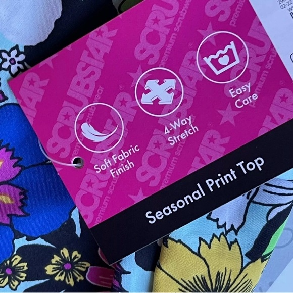 ScrubStar Womens Size Large Scrub Top blue black floral V-Neck stretch NWT - Picture 2 of 7